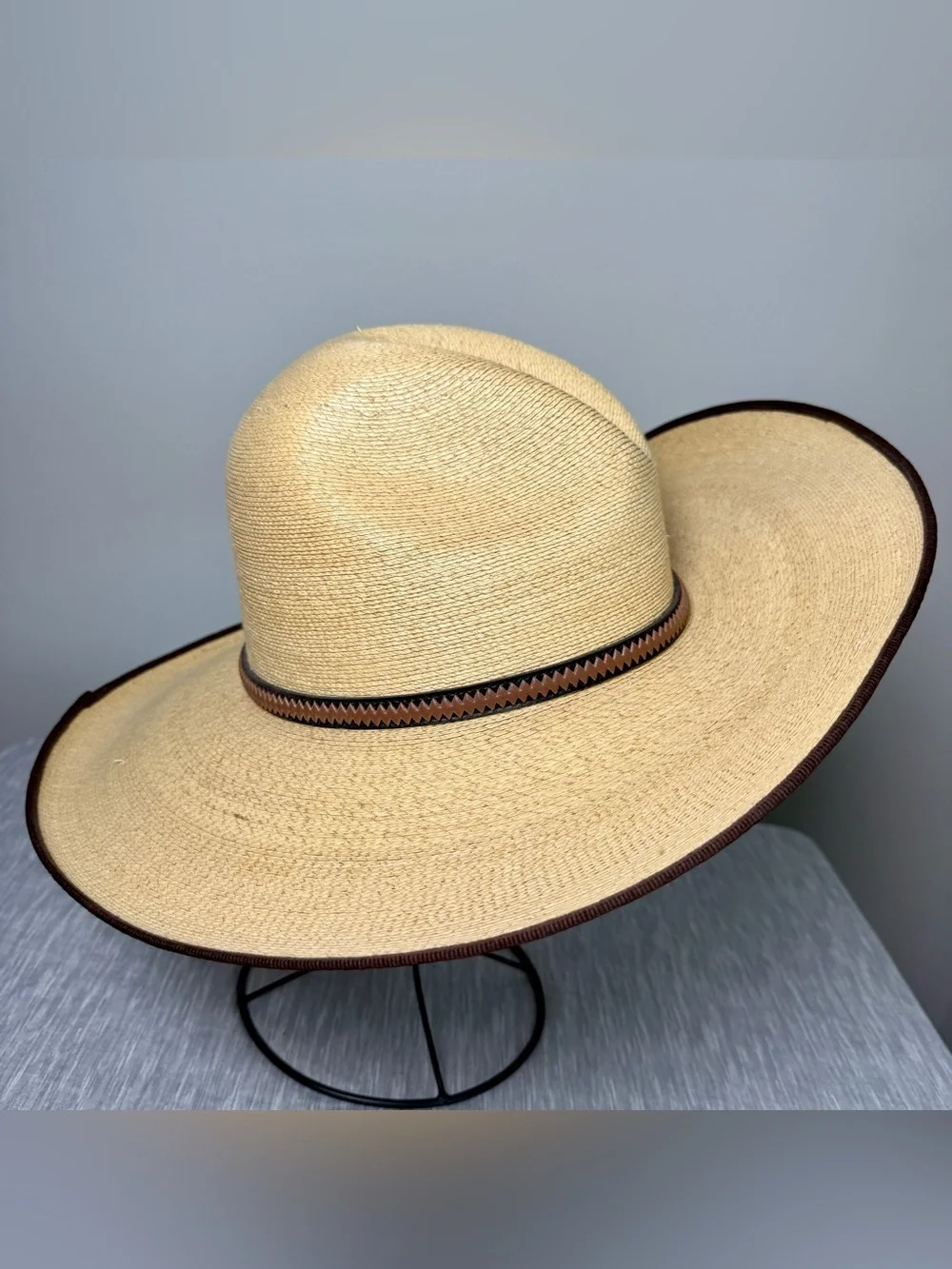 SunBody Hats Palm Leaf Wide Brim Hat Zigzag Leather Band Summer Resort Beach 7